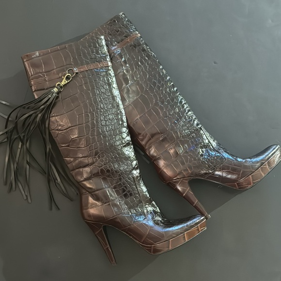 Charles David Brown Crocodile Knee Boots with Tassel - Picture 16 of 17